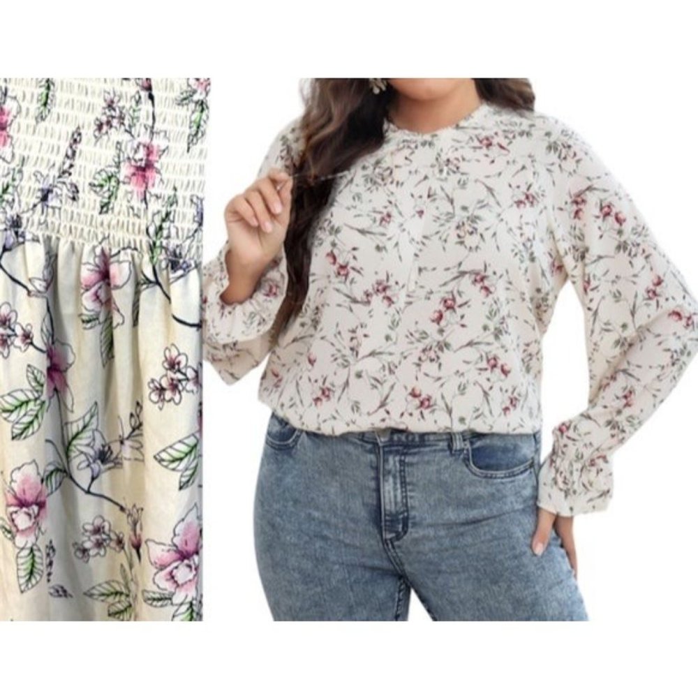 Blouse mock flowers tunic t top beige pink